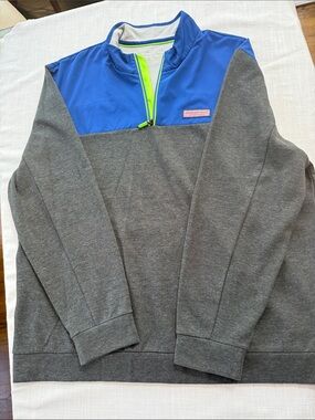 Vineyard Vines Gray & Royal Blue Quarter-Zip with Neon Green Trim